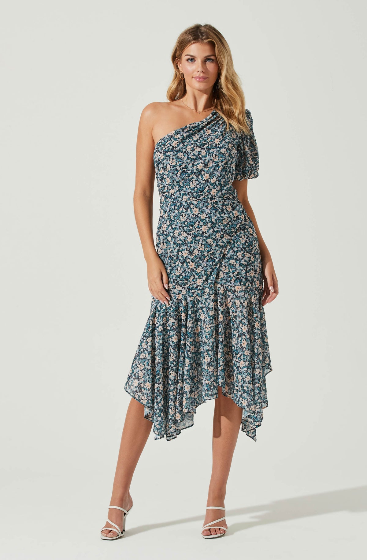 Santorini Floral One Shoulder Midi ...